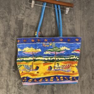 Anne Ormsby Signed Beach Scene Canvas Zipper Beach Bag Tote Large Summer